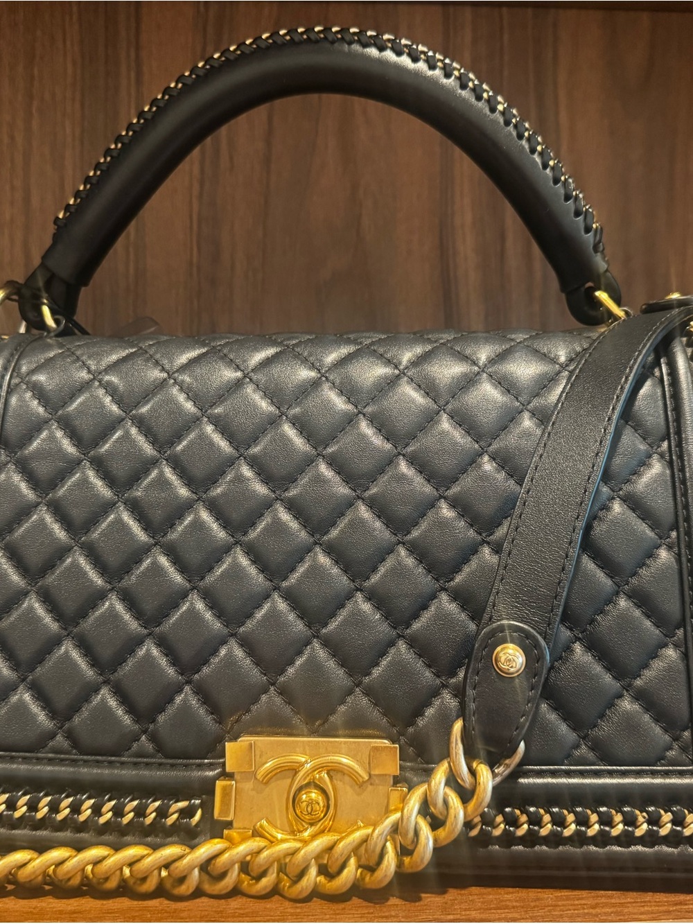 CHANEL Black Le Boy Lambskin Leather bag with handle, Gold Chain and Hardware